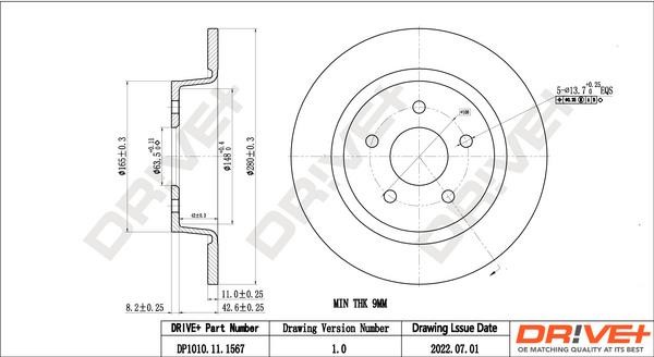 Dr!ve+ DP1010.11.1567 Rear brake disc, non-ventilated DP1010111567: Buy near me in Poland at 2407.PL - Good price!