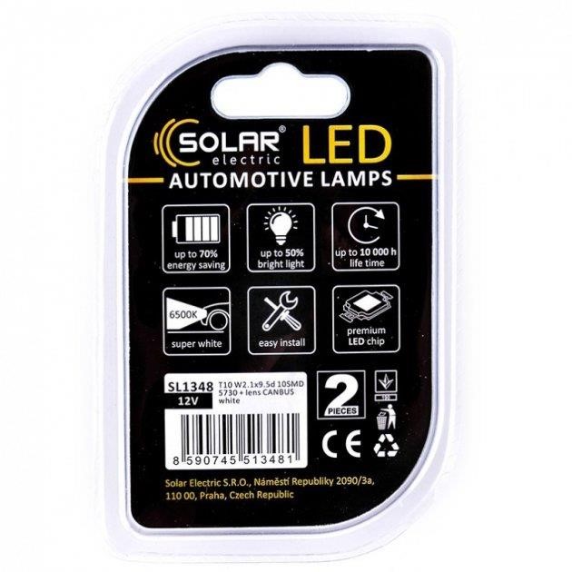 LED lamp Solar 12V T10 W2.1x9.5d 10SMD white, 2 pcs. Solar SL1348