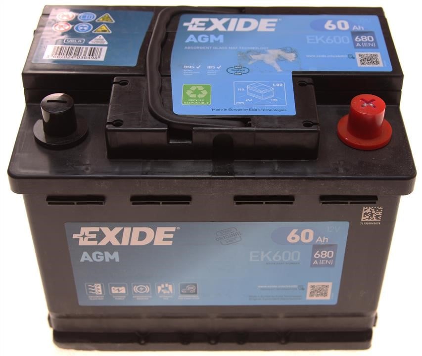 Exide EK600 Аккумулятор Exide Start-Stop AGM 12В 60Ач 680А(EN) R+ EK600: Отличная цена - Купить в Польше на 2407.PL!