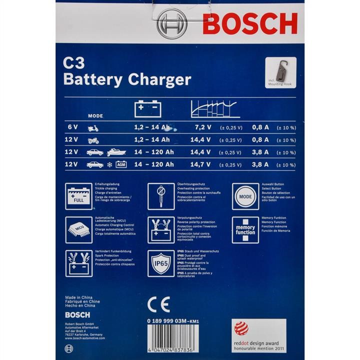 Charger BOSCH C3 6/12V 3.8A, battery capacity 6V-14Ah, 12V-120Ah Bosch  018999903M