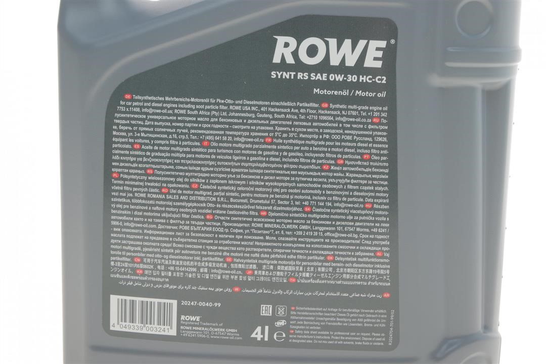 Olej silnikowy ROWE HIGHTEC SYNT RS HC-C2 0W-30, 4L Rowe 20247-0040-99