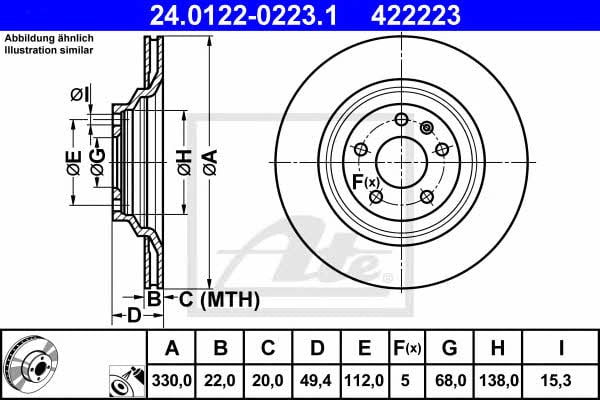 Ate 24.0122-0223.1 Rear ventilated brake disc 24012202231: Buy near me in Poland at 2407.PL - Good price!
