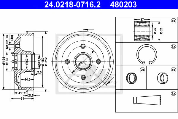 Ate 24.0218-0716.2 Brake drum with wheel bearing, assy 24021807162: Buy near me in Poland at 2407.PL - Good price!