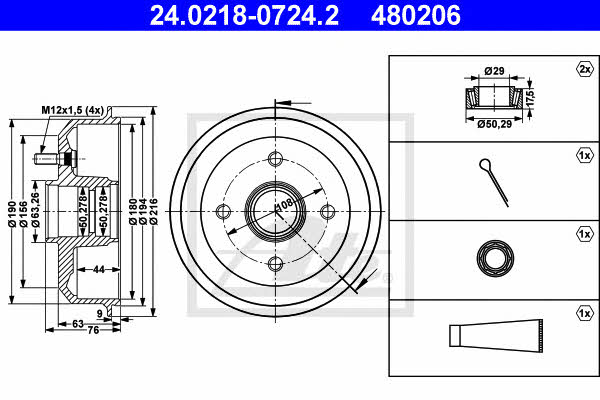 Ate 24.0218-0724.2 Brake drum with wheel bearing, assy 24021807242: Buy near me at 2407.PL in Poland at an Affordable price!