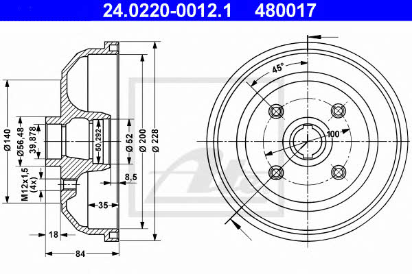 Ate 24.0220-0012.1 Rear brake drum 24022000121: Buy near me in Poland at 2407.PL - Good price!