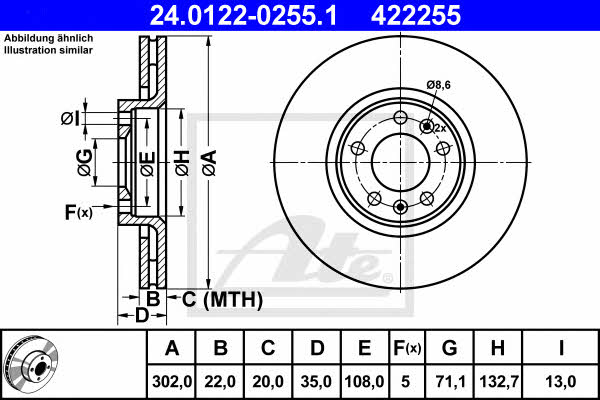 Ate 24.0122-0255.1 Rear ventilated brake disc 24012202551: Buy near me in Poland at 2407.PL - Good price!