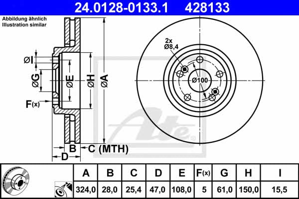 Ate 24.0128-0133.1 Front brake disc ventilated 24012801331: Buy near me in Poland at 2407.PL - Good price!