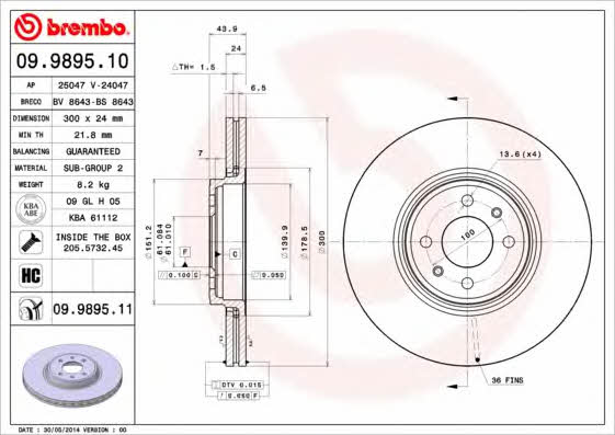 Диск гальмівний вентильований, 1 шт. Brembo 09.9895.10