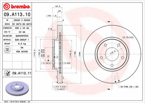 Brembo 09.A113.10 Тормозной диск вентилируемый, 1 шт. 09A11310: Отличная цена - Купить в Польше на 2407.PL!