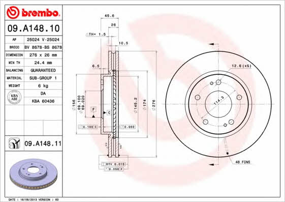 Brembo 09.A148.10 Диск гальмівний вентильований, 1 шт. 09A14810: Приваблива ціна - Купити у Польщі на 2407.PL!