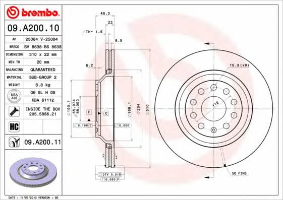 Brembo 09.A200.10 Rear ventilated brake disc 09A20010: Buy near me in Poland at 2407.PL - Good price!