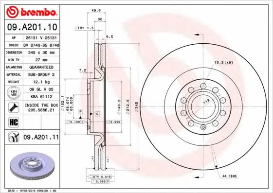 Brembo 09.A201.11 Тормозной диск передний вентилируемый 09A20111: Купить в Польше - Отличная цена на 2407.PL!