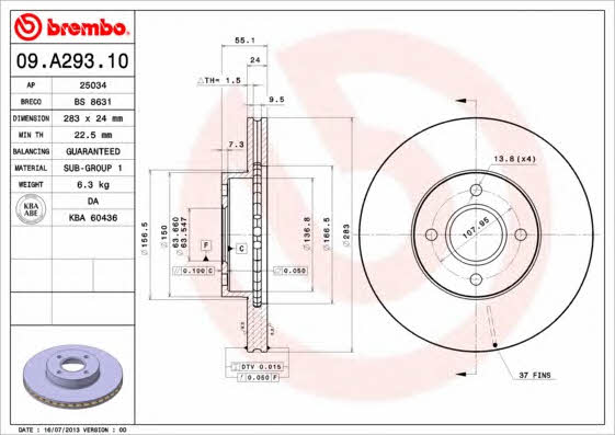 Wentylowana przednia tarcza hamulcowa Brembo 09.A293.10