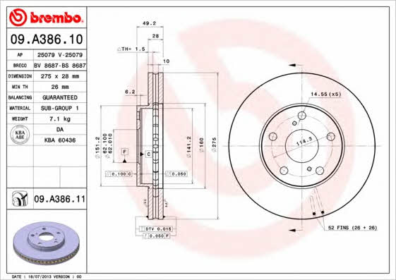 Brembo 09.A386.10 Ventilated disc brake, 1 pcs. 09A38610: Buy near me in Poland at 2407.PL - Good price!