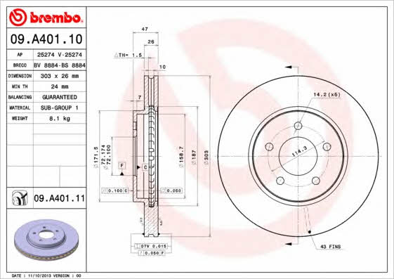 Brembo 09.A401.10 Тормозной диск вентилируемый, 1 шт. 09A40110: Отличная цена - Купить в Польше на 2407.PL!