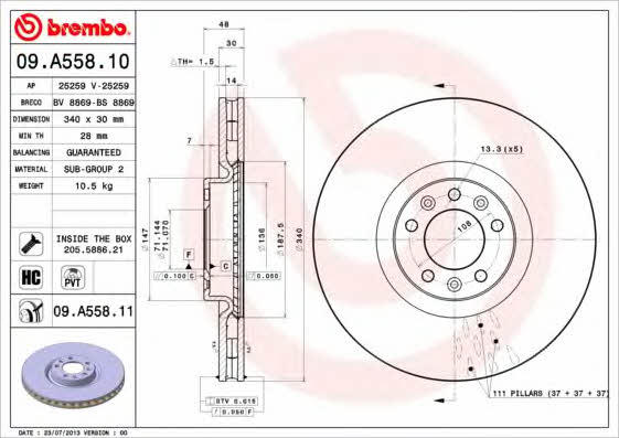 Brembo 09.A558.10 Front brake disc ventilated 09A55810: Buy near me at 2407.PL in Poland at an Affordable price!