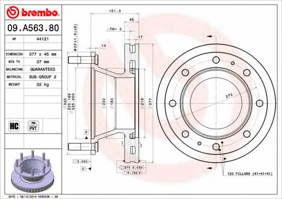 Tarcza hamulcowa wentylowana, 1 szt. Brembo 09.A563.80