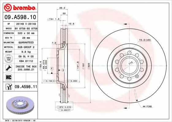 Brembo 09.A598.10 Front brake disc ventilated 09A59810: Buy near me in Poland at 2407.PL - Good price!