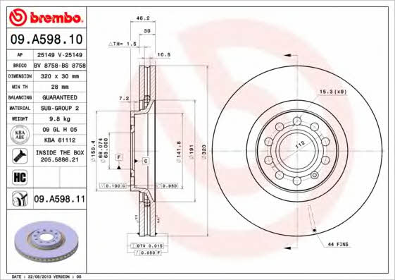 Brembo 09.A598.10 Диск гальмівний передній вентильований 09A59810: Приваблива ціна - Купити у Польщі на 2407.PL!