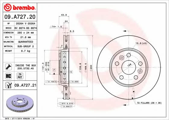 Brembo 09.A727.20 Front brake disc ventilated 09A72720: Buy near me in Poland at 2407.PL - Good price!