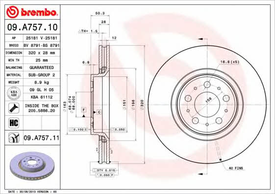 Brembo 09.A757.10 Ventilated disc brake, 1 pcs. 09A75710: Buy near me in Poland at 2407.PL - Good price!