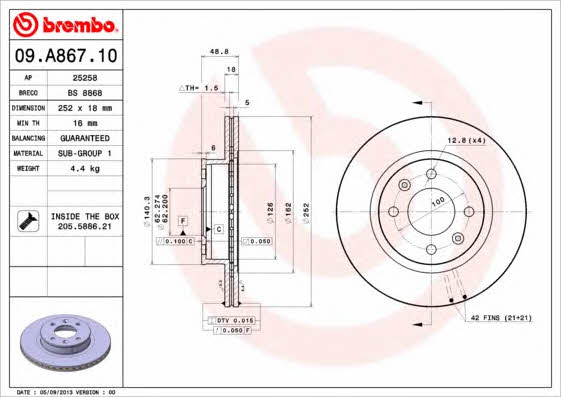 Front brake disc ventilated Brembo 09.A867.10