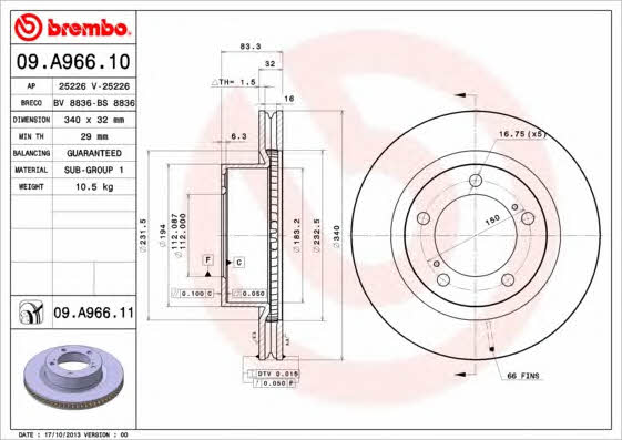 Brembo 09.A966.10 Диск гальмівний передній вентильований 09A96610: Приваблива ціна - Купити у Польщі на 2407.PL!