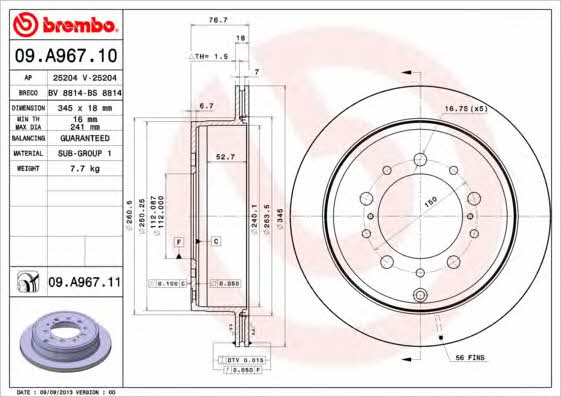 Тормозной диск задний вентилируемый Brembo 09.A967.11