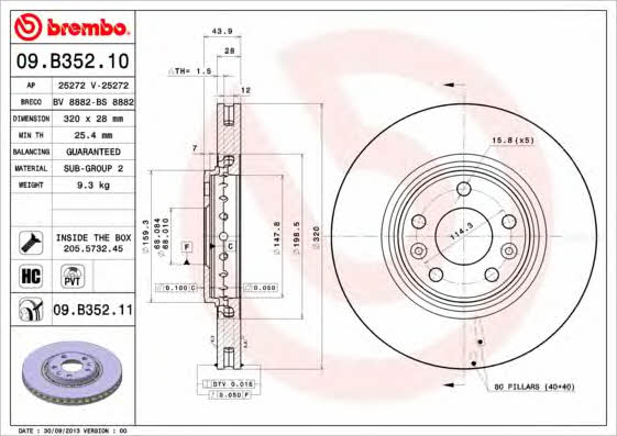 Brembo 09.B352.10 Front brake disc ventilated 09B35210: Buy near me in Poland at 2407.PL - Good price!
