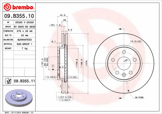 Тормозной диск вентилируемый, 1 шт. Brembo 09.B355.10