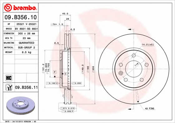 Brembo 09.B356.10 Front brake disc ventilated 09B35610: Buy near me at 2407.PL in Poland at an Affordable price!
