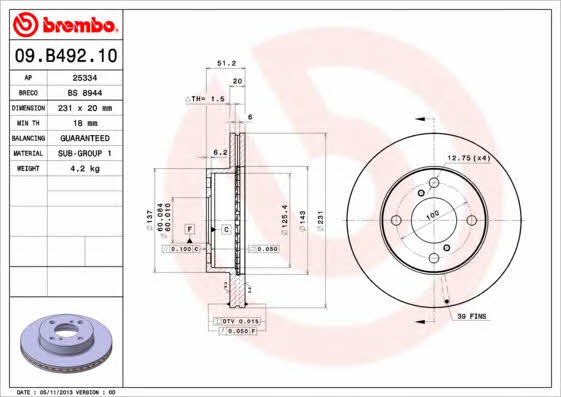 Ventilated disc brake, 1 pcs. Brembo 09.B492.10