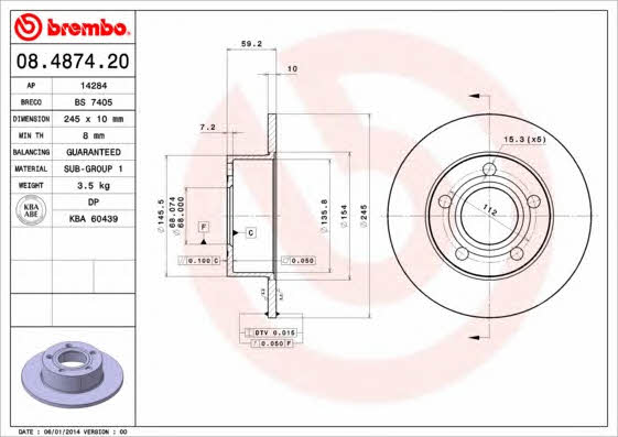Brembo 08.4874.20 Тормозной диск задний невентилируемый 08487420: Отличная цена - Купить в Польше на 2407.PL!