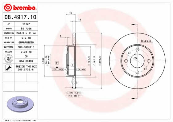 Тормозной диск задний невентилируемый Brembo 08.4917.10