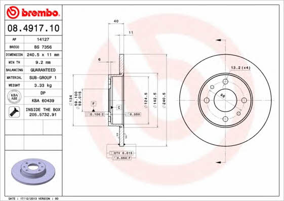 Bremsscheibe hinten, unbelüftet Brembo 08.4917.10