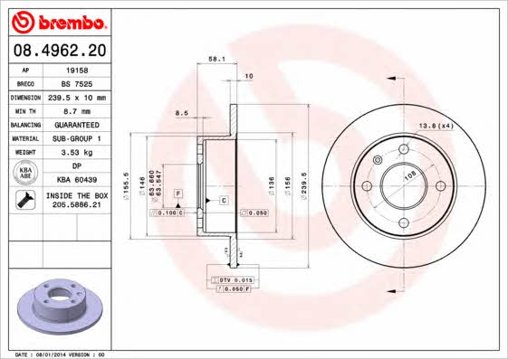 Niewentylowana przednia tarcza hamulcowa Brembo 08.4962.20