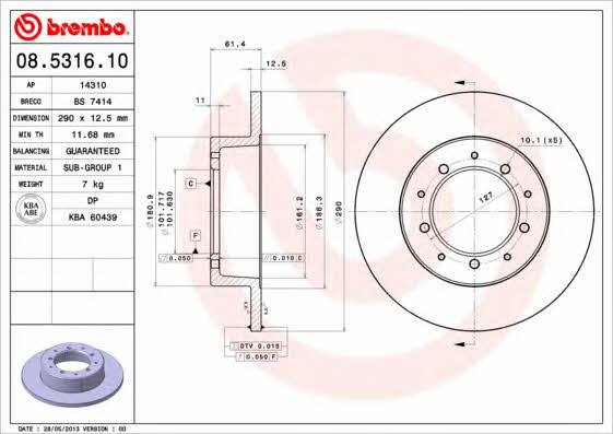 Тормозной диск задний невентилируемый Brembo 08.5316.10