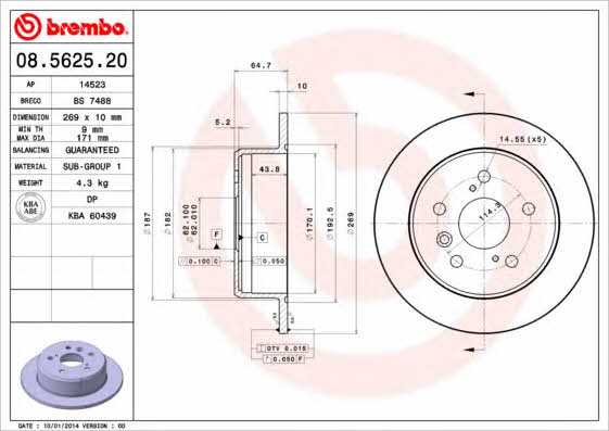 Тормозной диск задний невентилируемый Brembo 08.5625.20