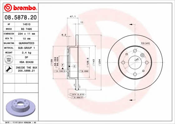 Brembo 08.5878.20 Unventilated front brake disc 08587820: Buy near me in Poland at 2407.PL - Good price!