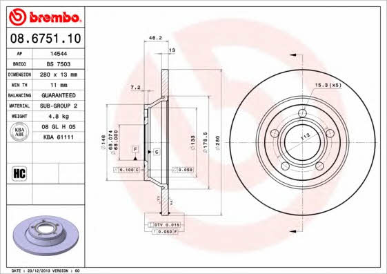 Диск гальмівний передній невентильований Brembo 08.6751.10