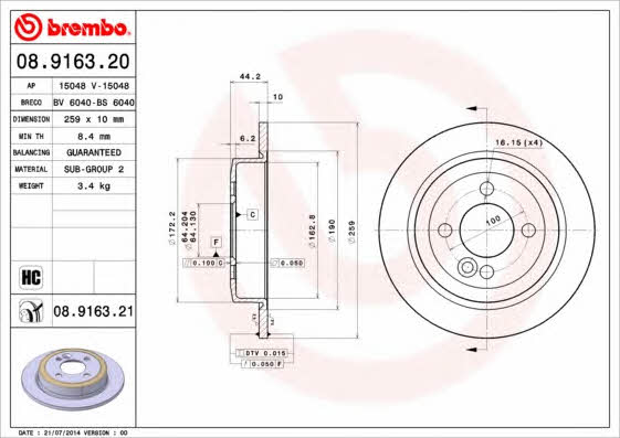 Brembo 08.9163.20 Rear brake disc, non-ventilated 08916320: Buy near me in Poland at 2407.PL - Good price!