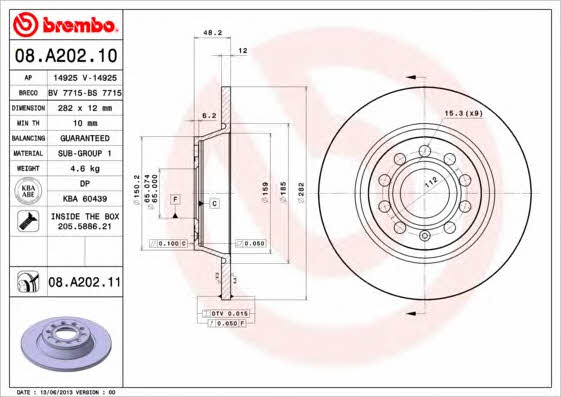 Rear brake disc, non-ventilated Brembo 08.A202.11