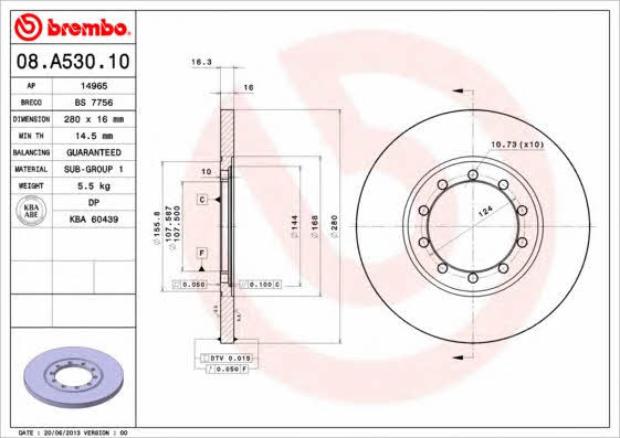 Тормозной диск задний невентилируемый Brembo 08.A530.10