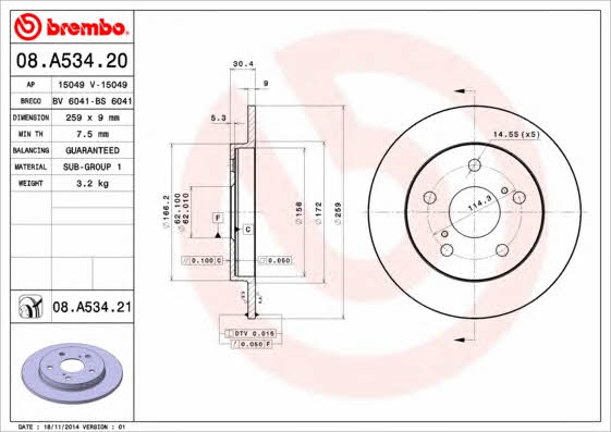 Brembo 08.A534.20 Rear brake disc, non-ventilated 08A53420: Buy near me in Poland at 2407.PL - Good price!