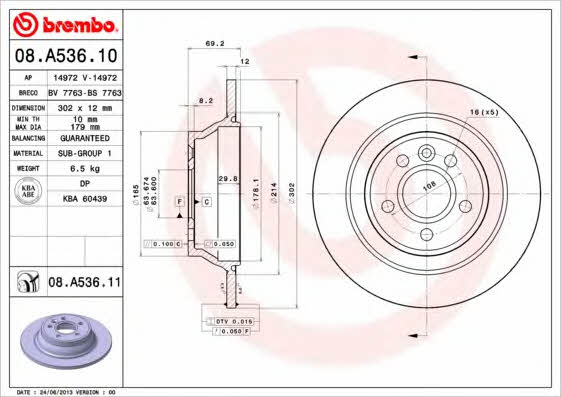 Brembo 08.A536.10 Тормозной диск задний невентилируемый 08A53610: Отличная цена - Купить в Польше на 2407.PL!