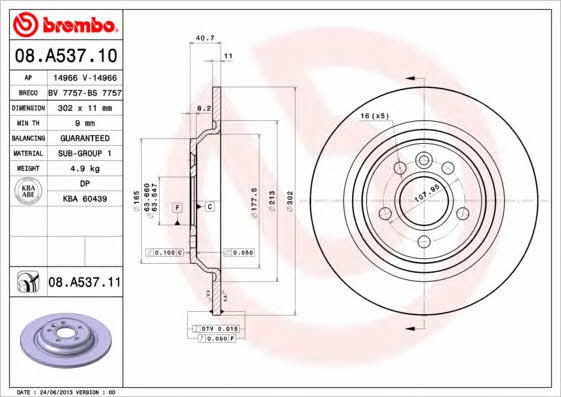 Brembo 08.A537.10 Rear brake disc, non-ventilated 08A53710: Buy near me in Poland at 2407.PL - Good price!
