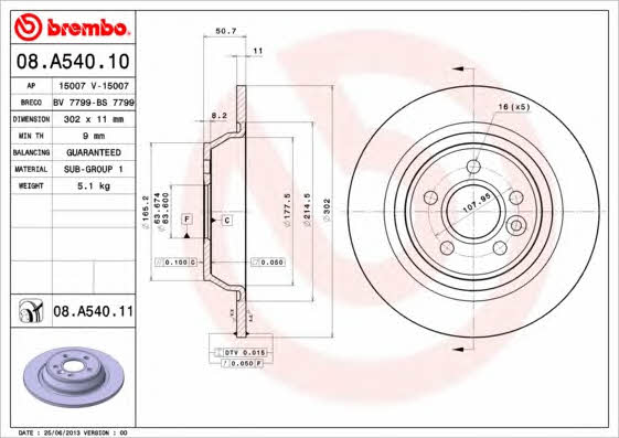 Тормозной диск задний невентилируемый Brembo 08.A540.10