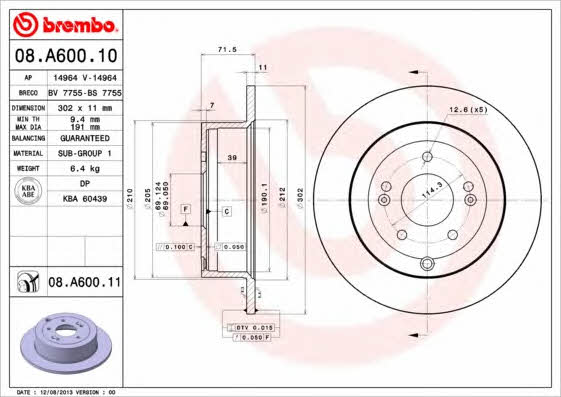 Тормозной диск задний невентилируемый Brembo 08.A600.11