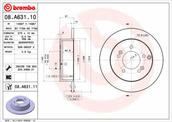 Brembo 08.A631.10 Rear brake disc, non-ventilated 08A63110: Buy near me in Poland at 2407.PL - Good price!