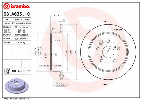 Тормозной диск задний невентилируемый Brembo 08.A635.11